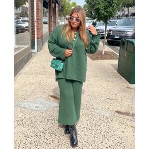 SET Free People Hailee Long Sleeve Henley Sweater & Wide Leg Crop Pant Medium